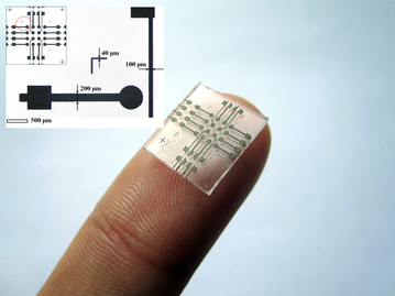 Fabricated high-resolution flexible and stretchable electronic circuit with a minimum width of 40 micrometer.