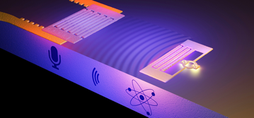 On the right, an artificial atom generates sound waves consisting of ripples on the surface of a solid. The sound, known as a surface acoustic wave (SAW) is picked up on the left by a ”microphone” composed of interlaced metal fingers. According to theory, the sound consists of a stream of quantum particles, the weakest whisper physically possible. The illustration is not to scale. Image: Philip Krantz, Krantz NanoArt.